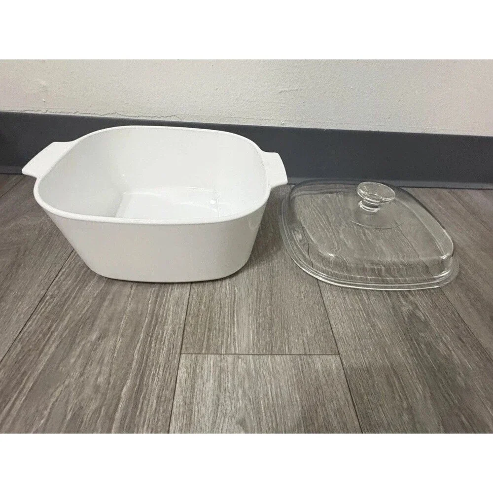 VTG All White Corning  A-5-B 5 Qt, Casserole Dish W/ Pyrex Lid 10” A-12-C